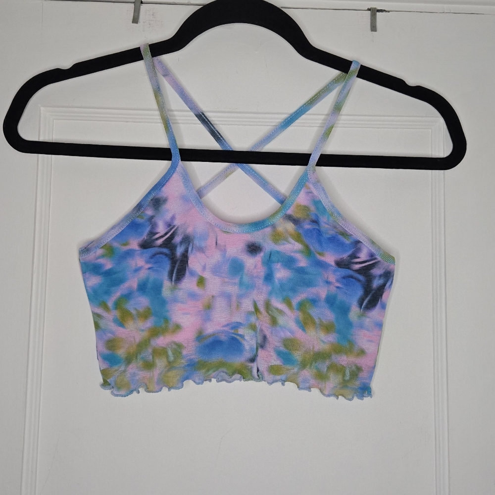 Topshop Tie-Dye Blue, Pink, Green and Purple Crisscross Back Y2K Crop Top - XS